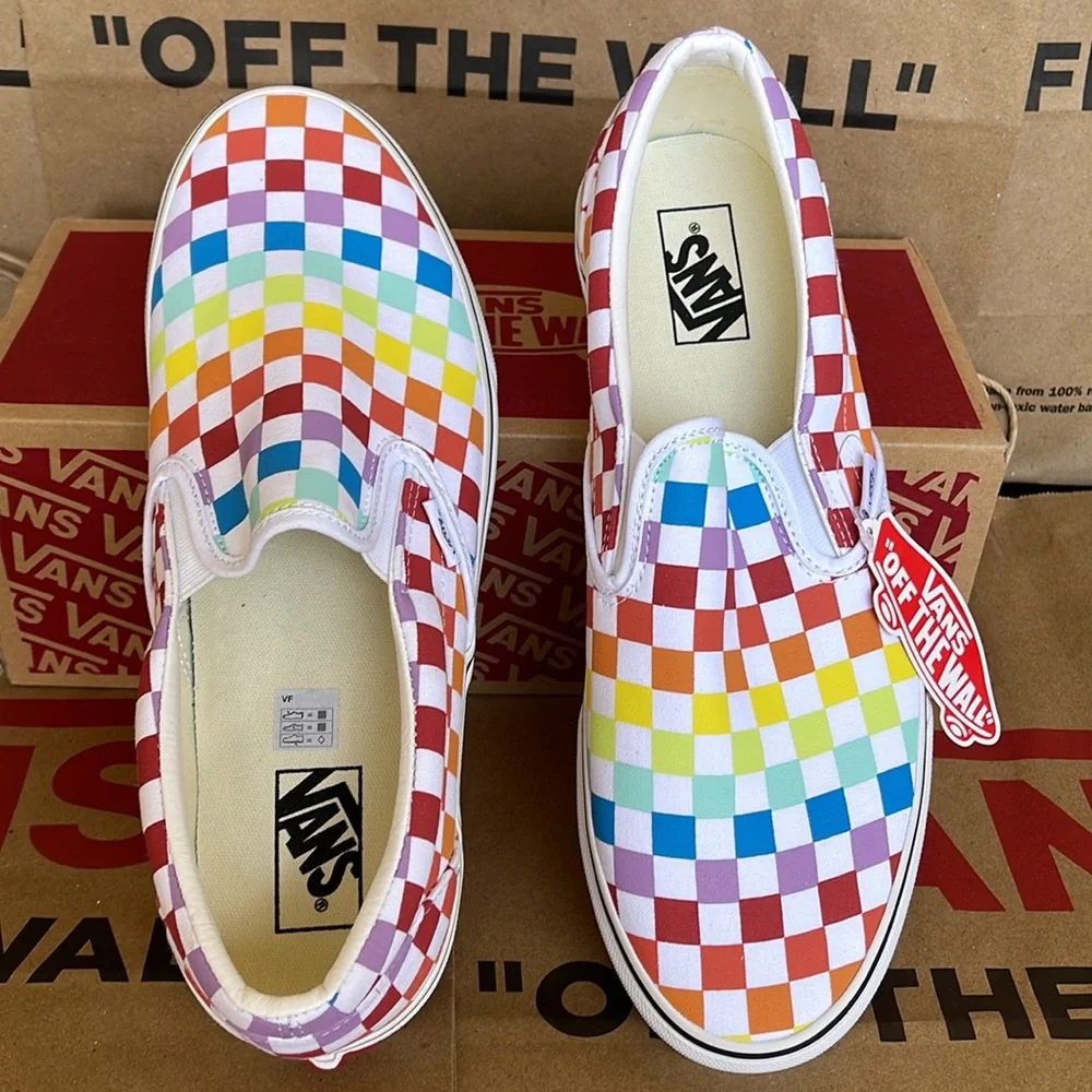 Vans Classic Slip On Checkerboard Rainbow/True White sneakers WMNS - Picture 13 of 16